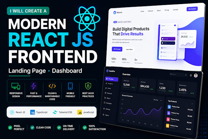create a modern react js frontend, landing page, dashboard