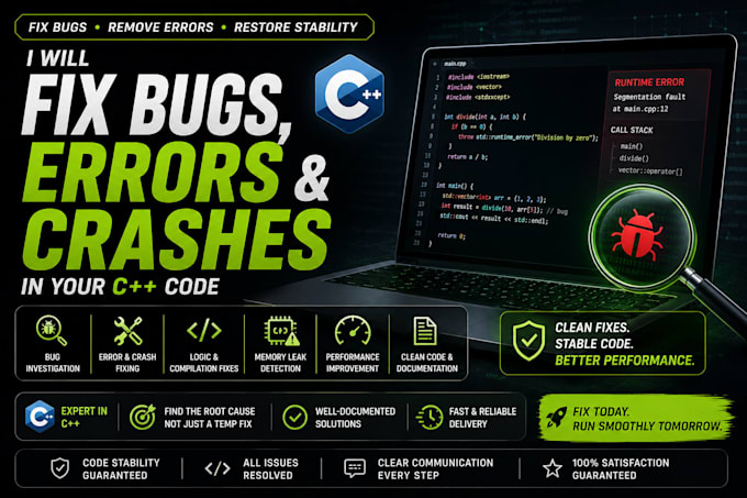 fix bugs, errors and crashes in your cpp code