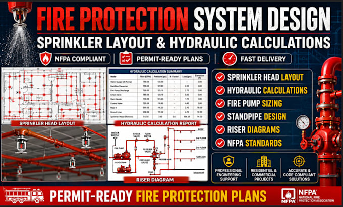 create fire protection system, sprinkler head layout, and hydraulic calculation