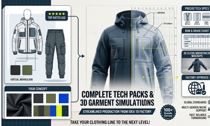 create activewear tech pack and clothing design for apparel production