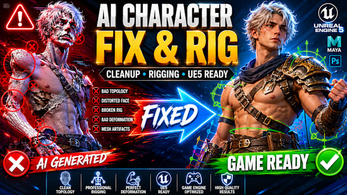 clean up and rig ai generated 3d characters for games and animation