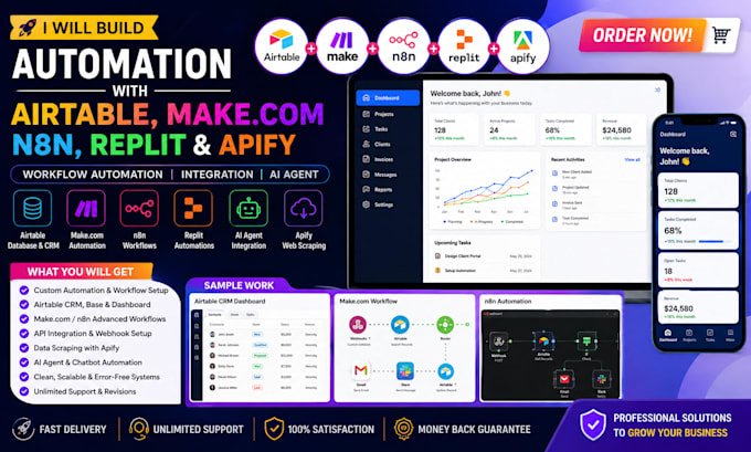 build airtable automation, make com workflow, replit and apify integration