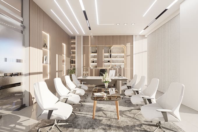 model and render a modern luxury office interior in 3d