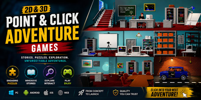 design and develop 2d and 3d point and click adventure games