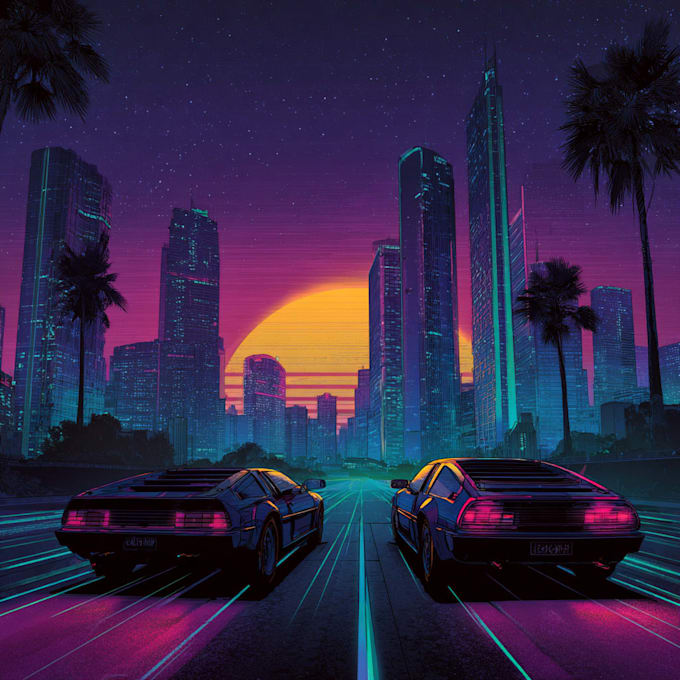 create 80s retrowave illustration and neon synthwave posters