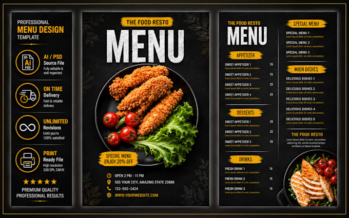 design printable restaurant menu, trifold food menu, cafe menu and price list
