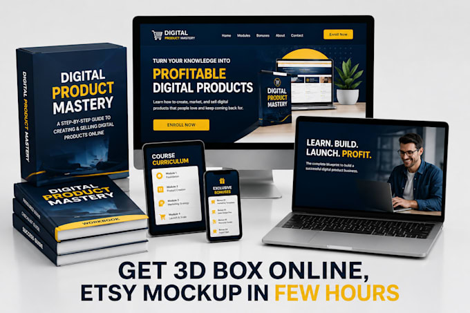 design etsy digital 3d product software box, online course mockups