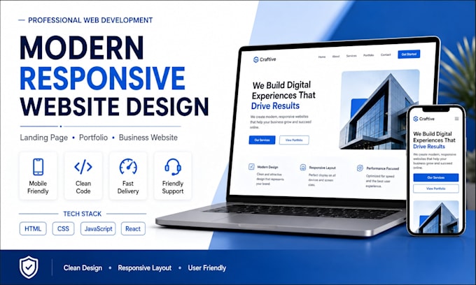 create a modern responsive website using HTML CSS javascript react