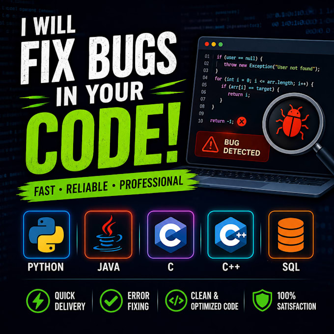 fix bugs in python java c c plus plus and sql projects