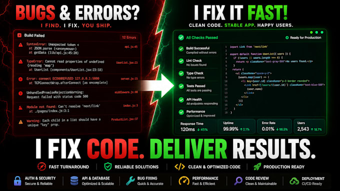 fix react, next js and node js bugs and errors fast