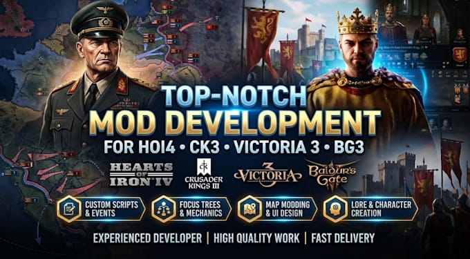 create unique hoi4, ck3, bg3 and victoria 3 mods