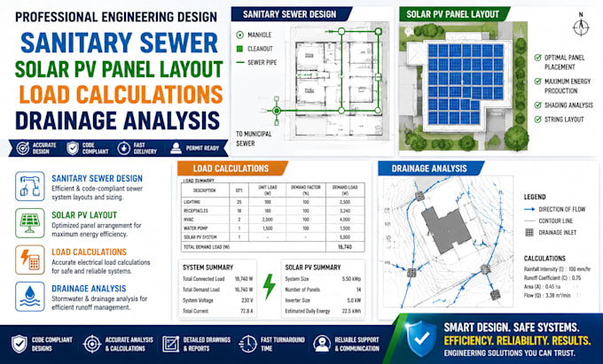 design sanitary sewer solar pv panel layout load calculations drainage analysis