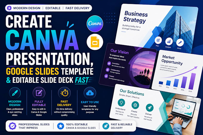 create canva presentation, google slides template and editable slide deck fast