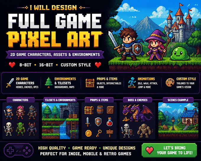 create pixel game art, 2d game characters, pixel sprite sheet, pixel animation