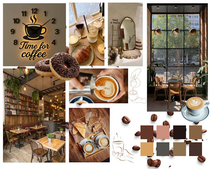 design a mood board or material board for a cafe