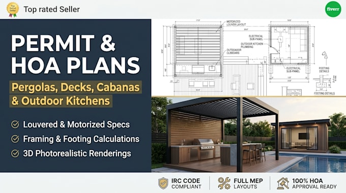 design louvered pergola permit plans, deck, and cabana drawings