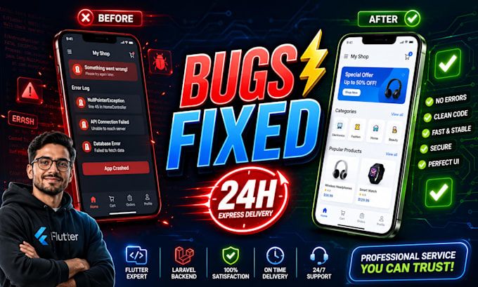 fix flutter laravel app bugs and errors in 24h