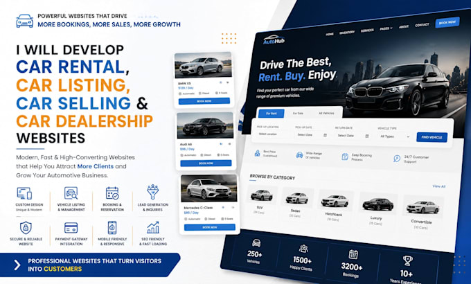 develop car rental website, car listing website, car selling website