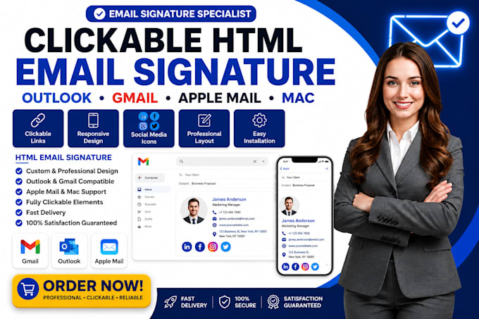 clickable HTML email signature for outlook, gmail, apple mail, mac