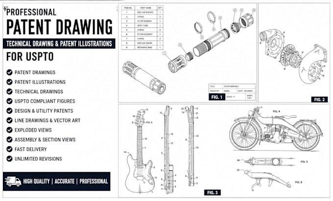create patent drawing, technical drawing and patent illustrations for uspto