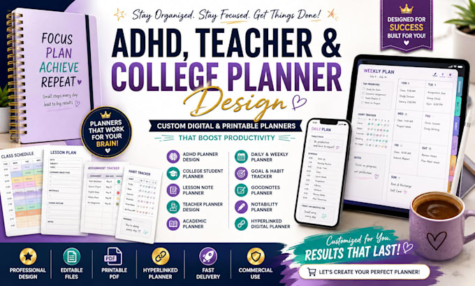 create adhd college planner, lesson note planner, teacher lesson planner design