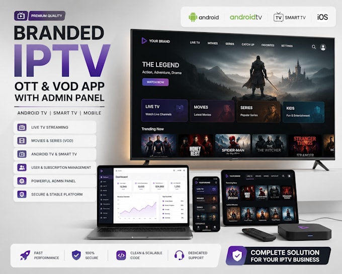 build branded iptv, ott, android TV, smart tvs, vod app with admin panel