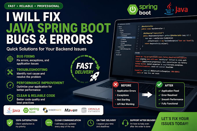 fix java spring boot API bugs and backend errors