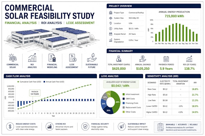 commercial solar feasibility study, solar ROI analysis, financial modeling