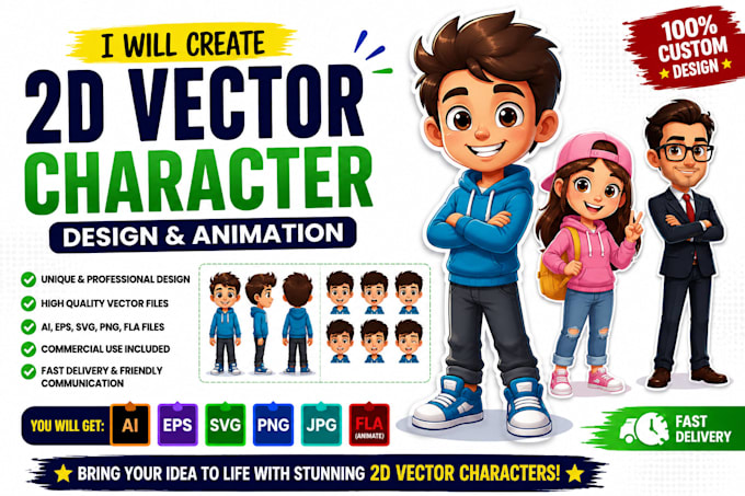 create custom 2d vector cartoon character for animation