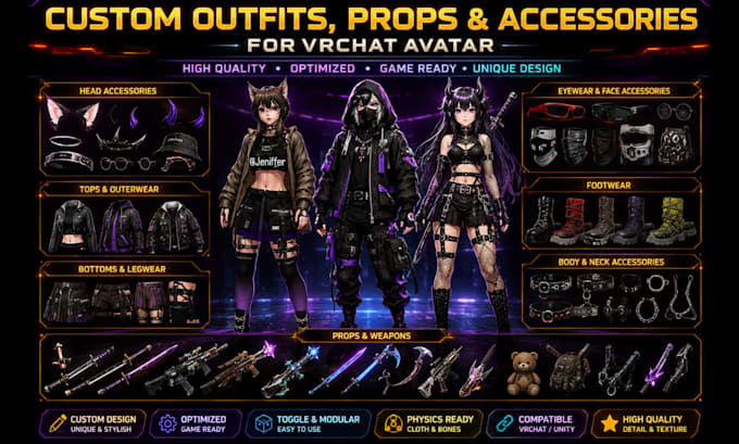 create custom outfits props accessories clothing weapon assets for vrchat avatar