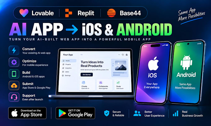 convert your lovable replit base44 ai app to ios and android