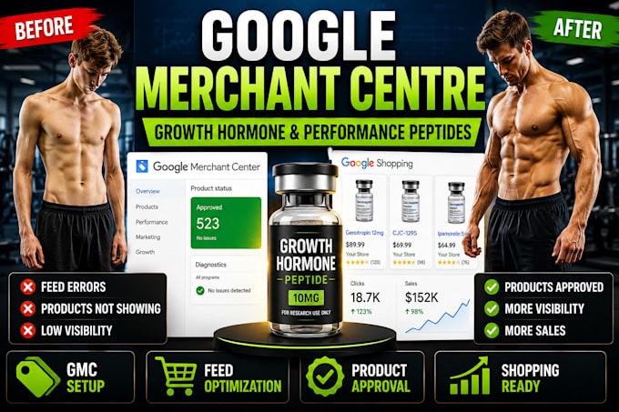 set up google merchant centre for growth hormone and performance peptide store
