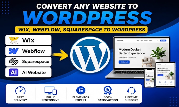 convert wix, webflow or squarespace website to wordpress