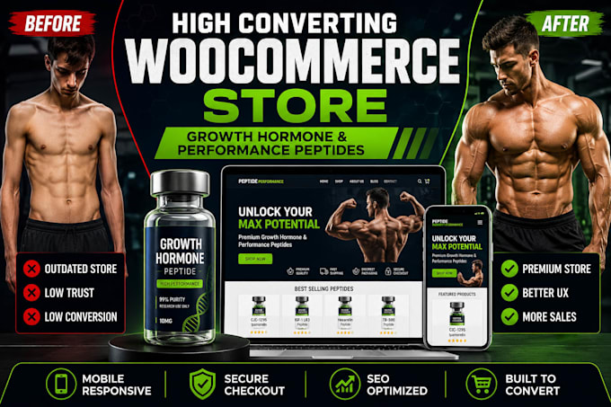 design a converting woocommerce store for growth hormone and performance peptide