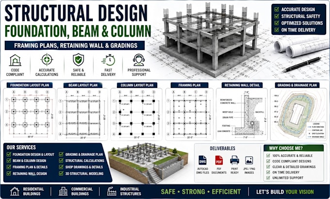 design foundation beam and column layout framing plans retaining wall gradings