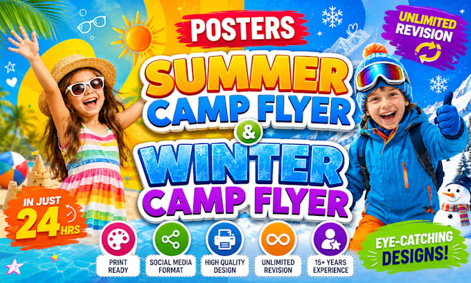 design a vibrant summer camp flyer, winter camp, or kids flyer