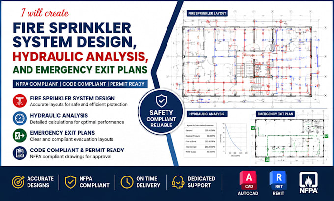create fire sprinkler system design hydraulic analysis and emergency exit plans