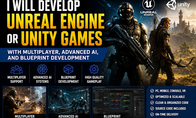 develop unreal engine 5 or unity games with multiplayer, advanced ai, blueprint