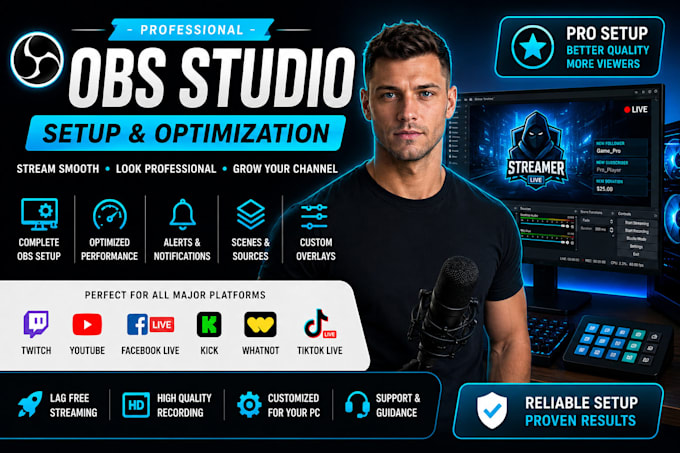setup obs studio or  streamlabs for twitch and youtube livestream