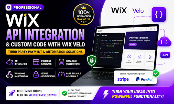 build wix API integration and custom code using wix velo, third party payment