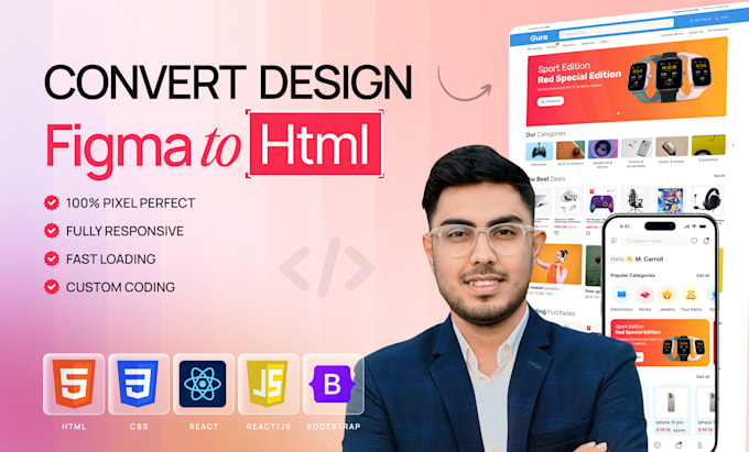 convert figma design to HTML CSS, figma to react,responsive code
