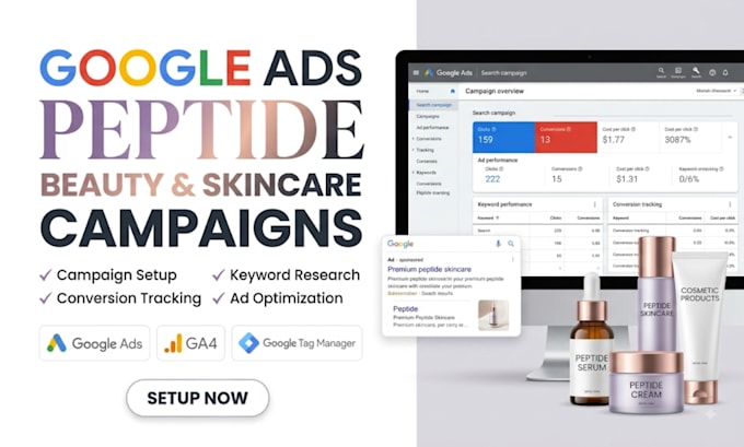 setup google ads for cosmetic peptide and skincare, beauty brands  ads