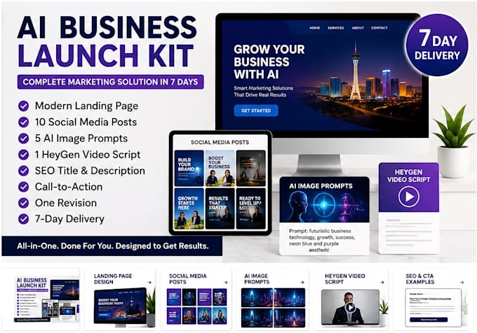 create your ai marketing kit with landing page, posts, video script in 7 days