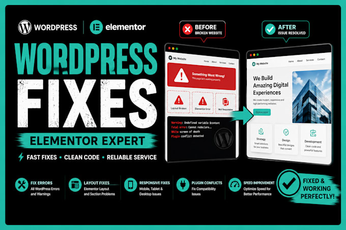 fix wordpress elementor bugs errors and responsive issues