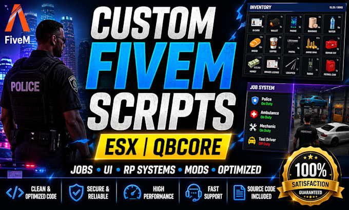 develop custom fivem scripts for esx, qbcore and gta rp servers
