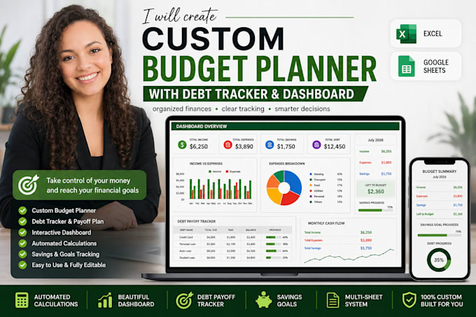 create custom budget planner spreadsheet with debt tracker and dashboard