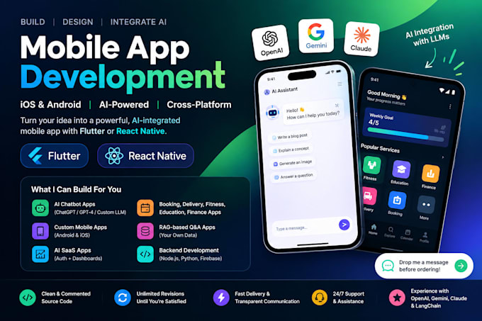 develop an ai mobile app for ios and android using flutter or react native