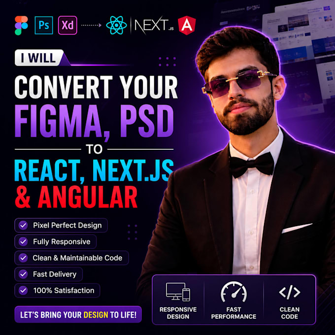 convert figma, xd, or PSD to react, nextjs, angular