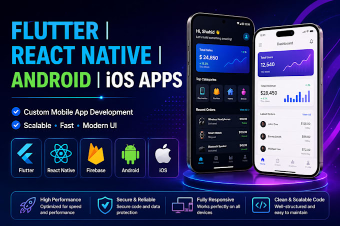 build flutter, react native, android ios apps with website and admin