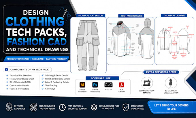 design clothing tech packs, fashion cad and technical drawings